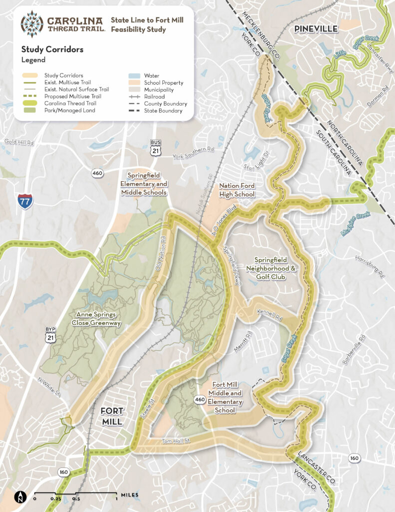 Map of alternative trail corridor options show numerous lime green lines overlaid on a map of the Pineville, NC and Fort Mill, SC communities. 